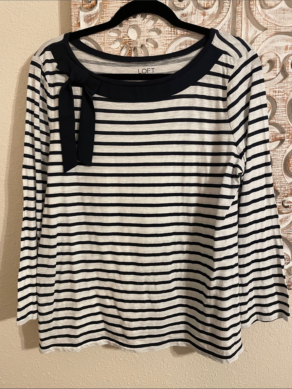 LOFT Navy and White Striped Long Sleeve Top with Neck Tie